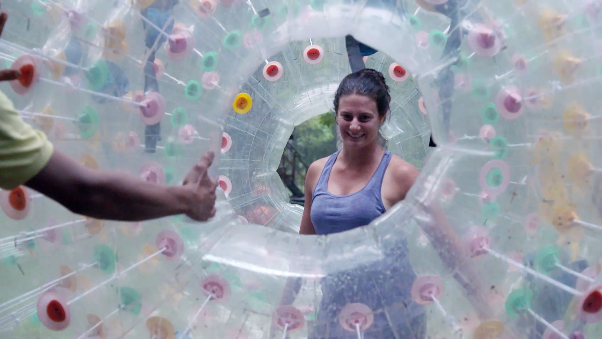Twins lose it during zorb ball experience
