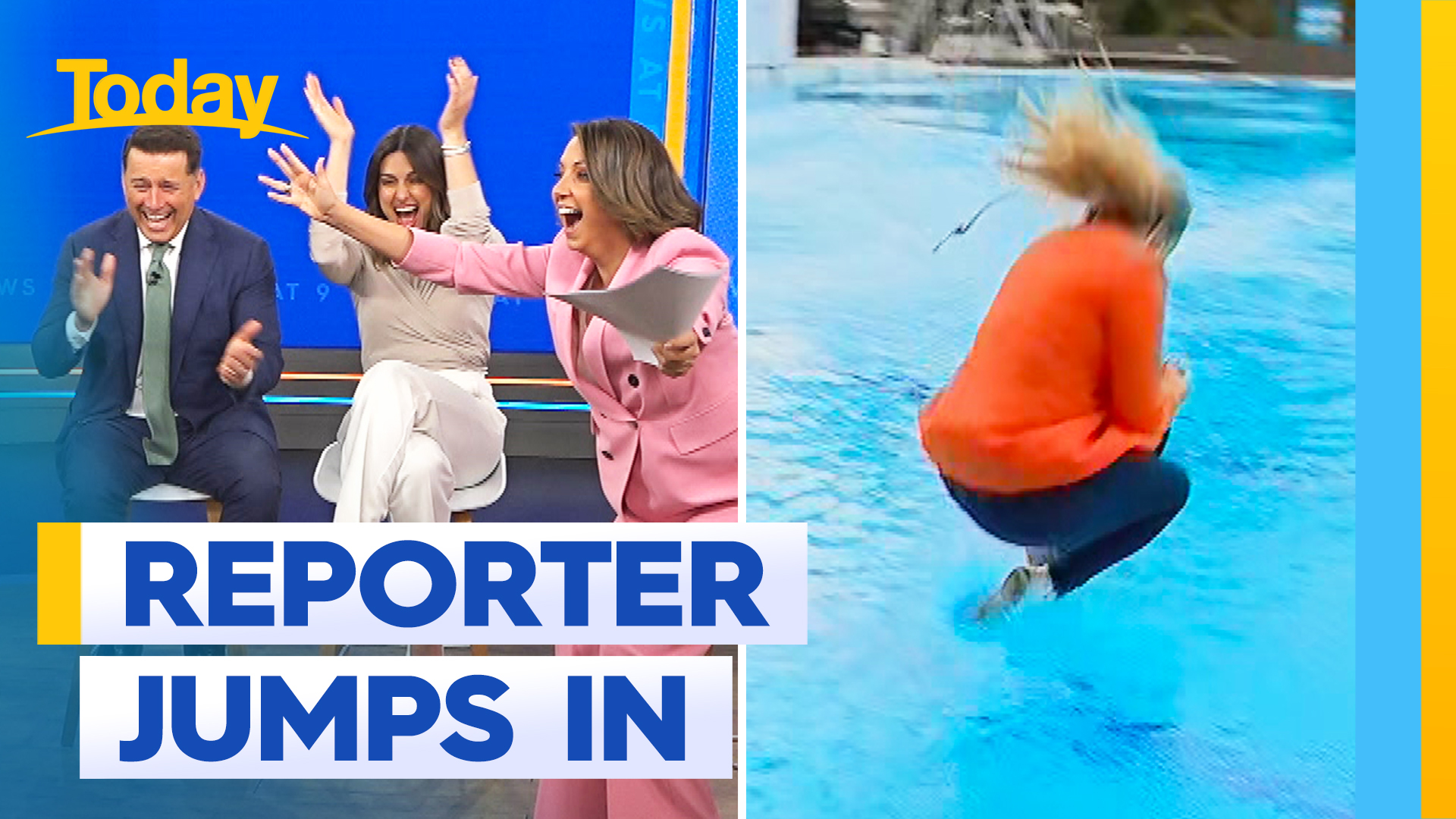 Today reporter gets soaked jumping in pool